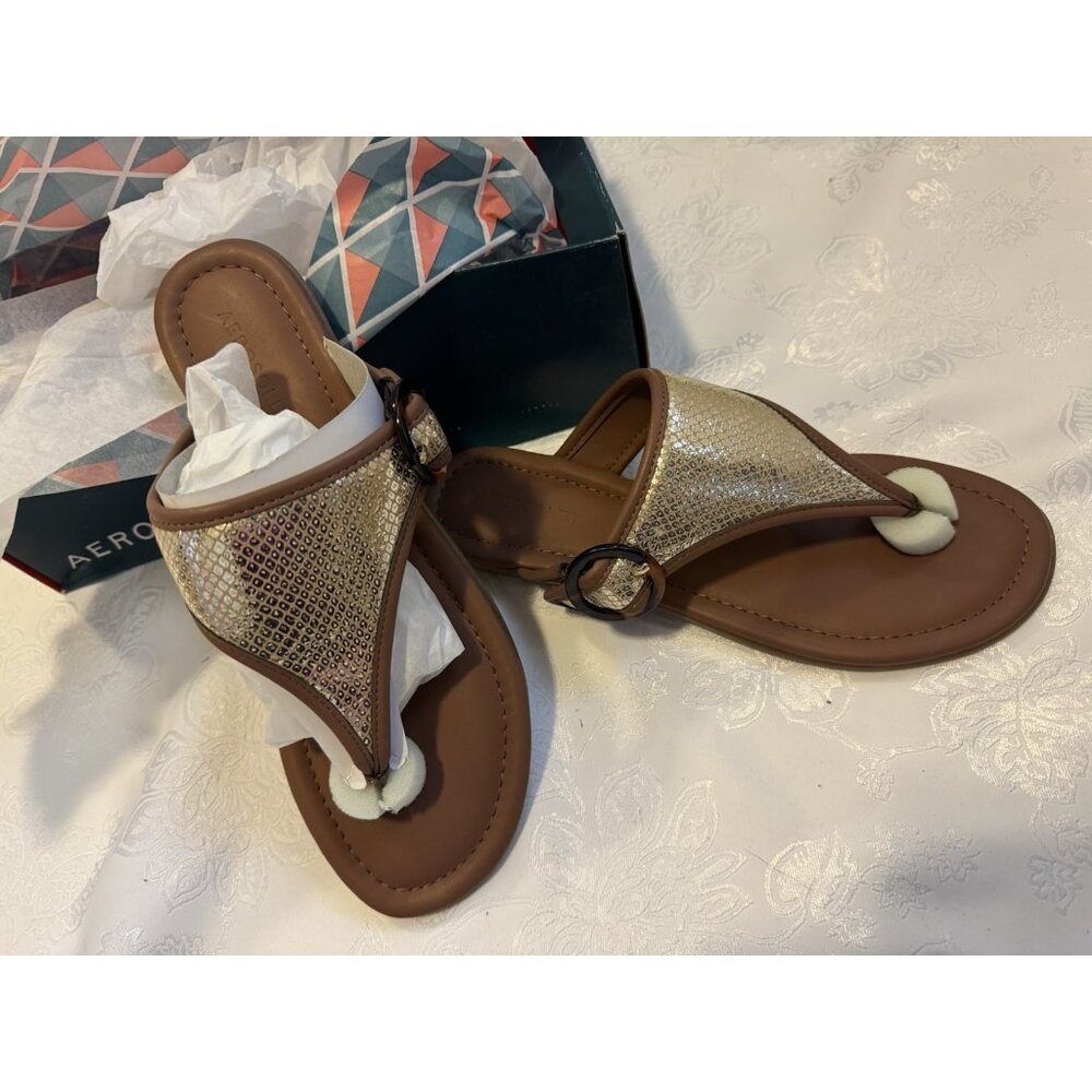 Aerosoles Womens Clarity Flip Brown Gold Snake Sandals Shoes Buckle 9.5 M NEW